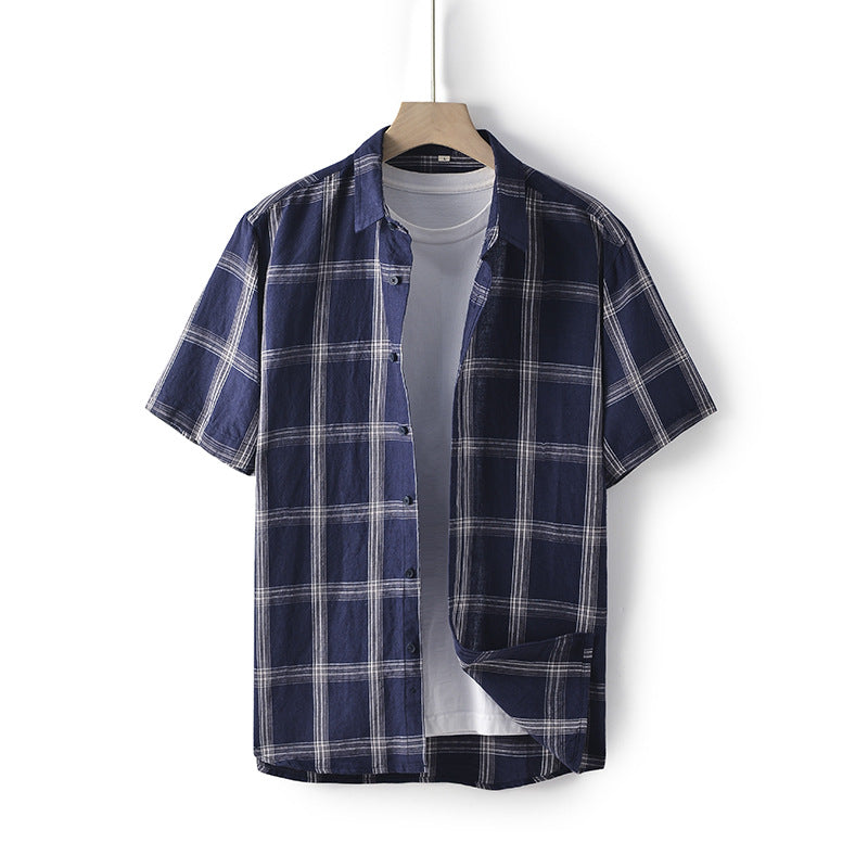 Men's Summer Plaid Linen Short Sleeves Slub Linen Shirt