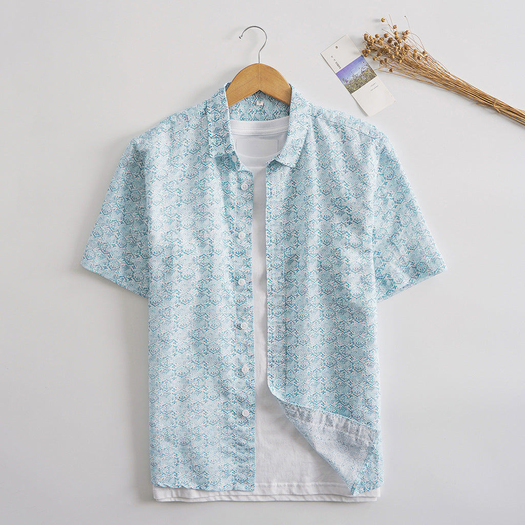 Men's Vacation Style Pattern Linen Short Sleeves Slub Linen Shirt