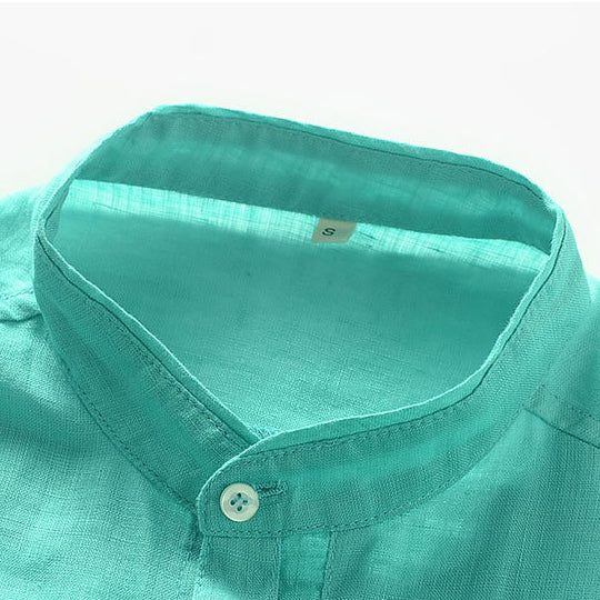 Men's Plain Linen Short Sleeves Slub banded collar Linen Shirt