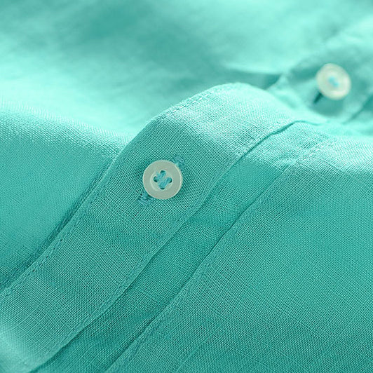 Men's Plain Linen Short Sleeves Slub banded collar Linen Shirt