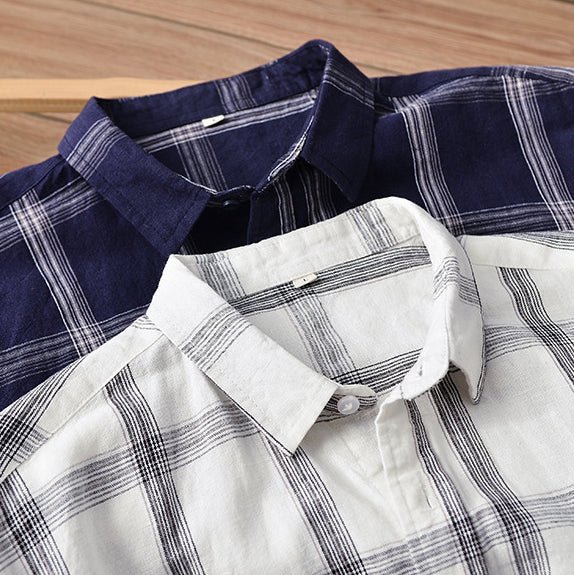 Men's Summer Plaid Linen Short Sleeves Slub Linen Shirt