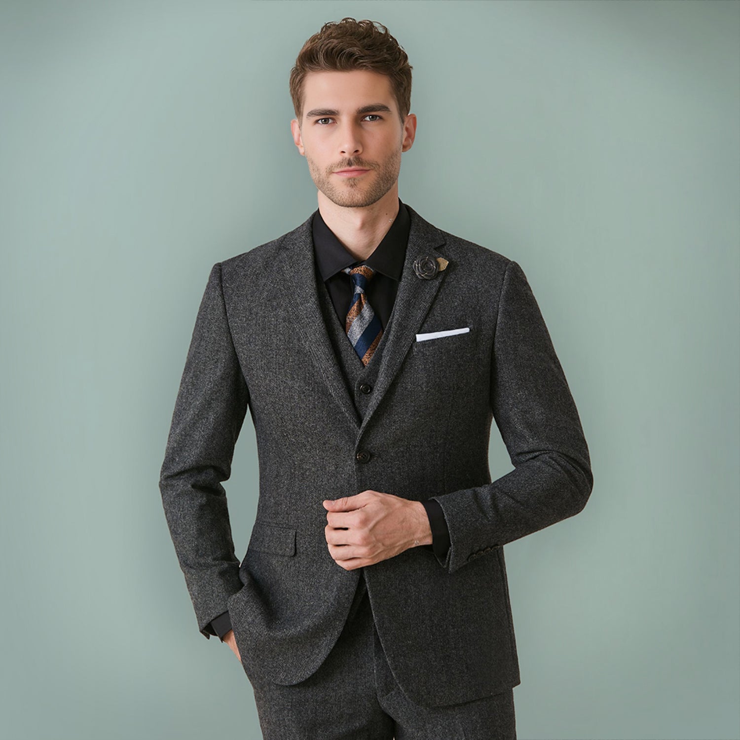 3 Pieces Herringbone Tweed Suit