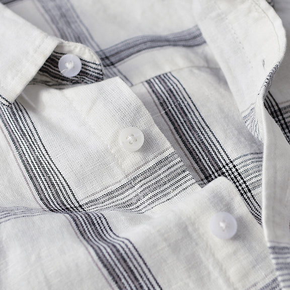 Men's Summer Plaid Linen Short Sleeves Slub Linen Shirt