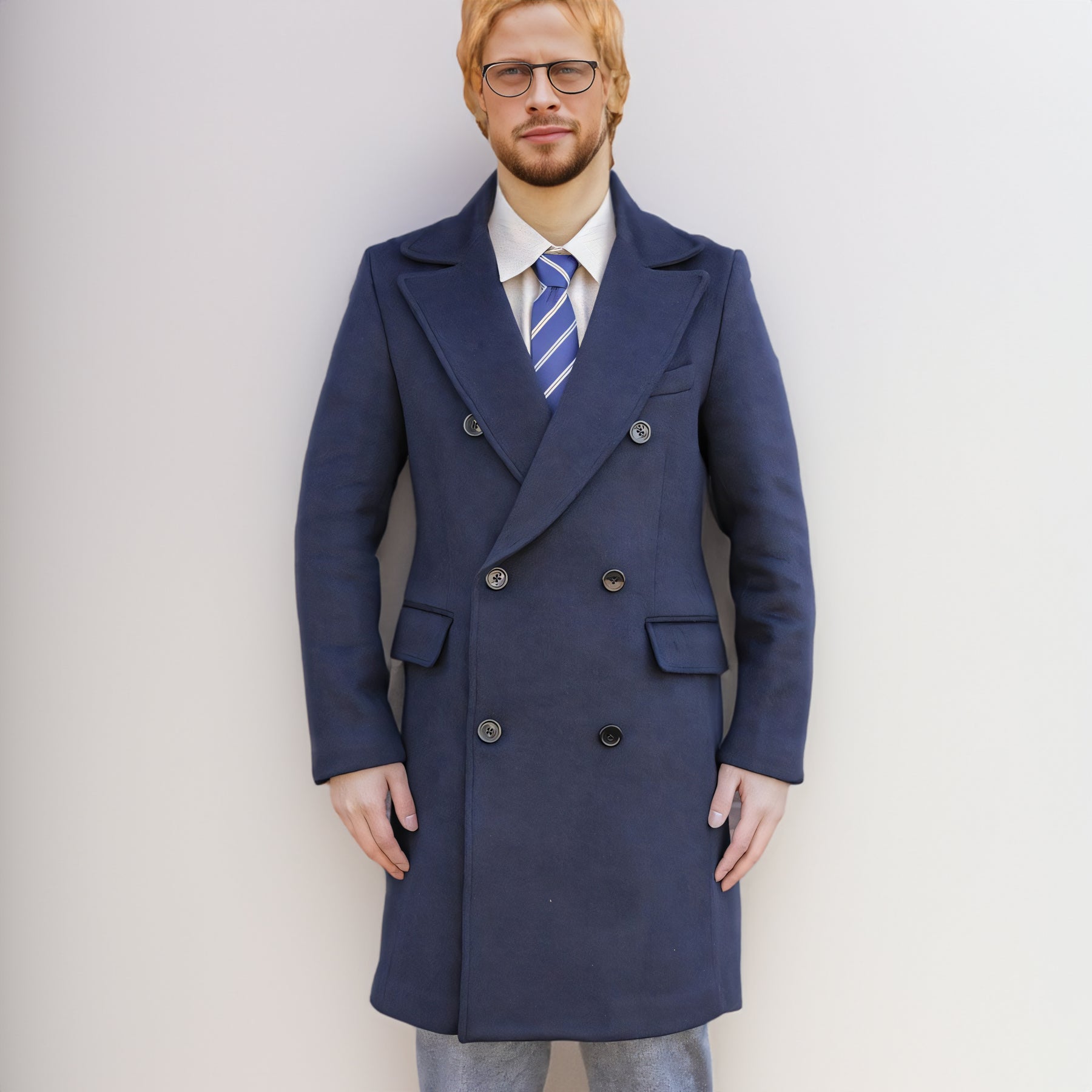 Men's Double-Breasted Long Navy Blue Overcoat