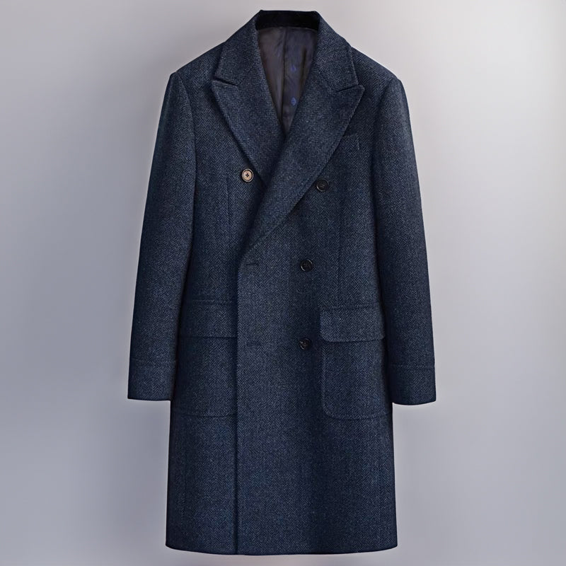 Men's Vintage Tweed Herringbone Double Breasted Long Overcoat