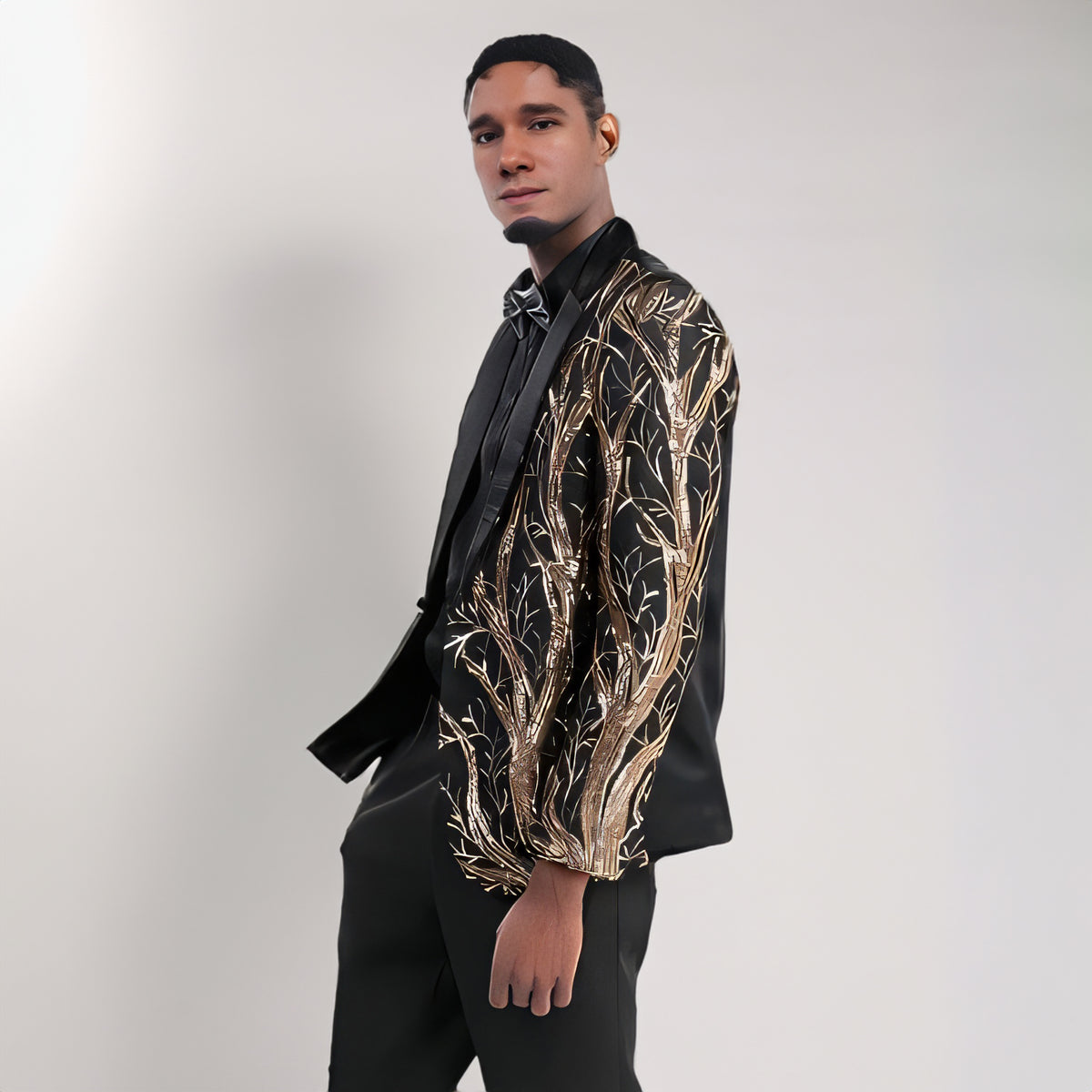 Men's 2 Pieces Sequin Suit Golden Branches Pattern Black Tuxedo