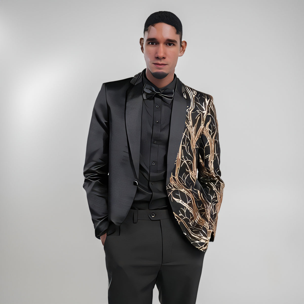 Men's 2 Pieces Sequin Suit Golden Branches Pattern Black Tuxedo
