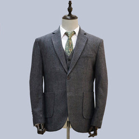 3 Piece Grey Retro Herringbone Tweed Notch Lapel Suit