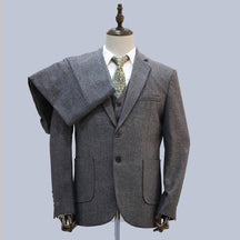 3 Piece Grey Retro Herringbone Tweed Notch Lapel Suit