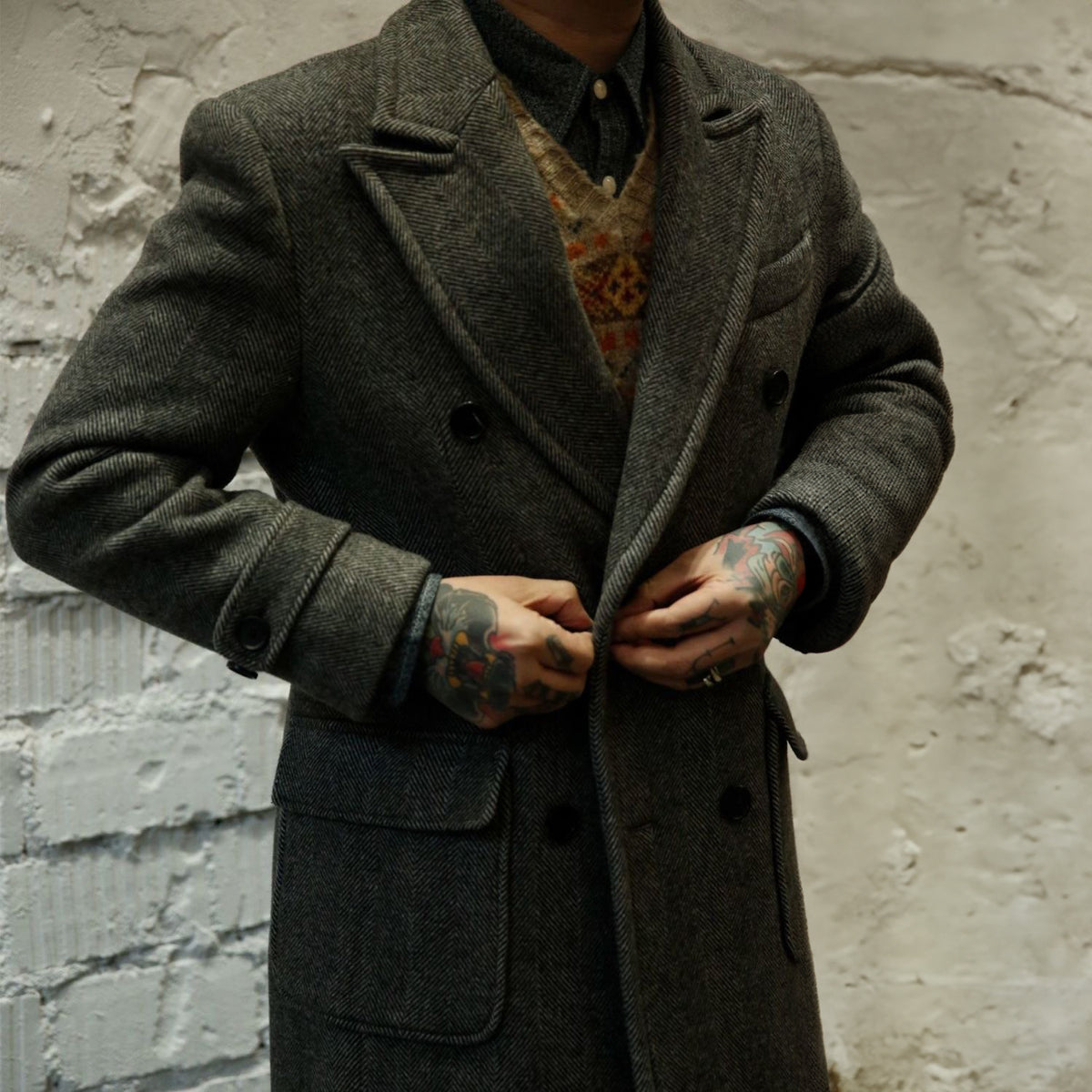 Men's Army Green Tweed Herringbone Overcoat