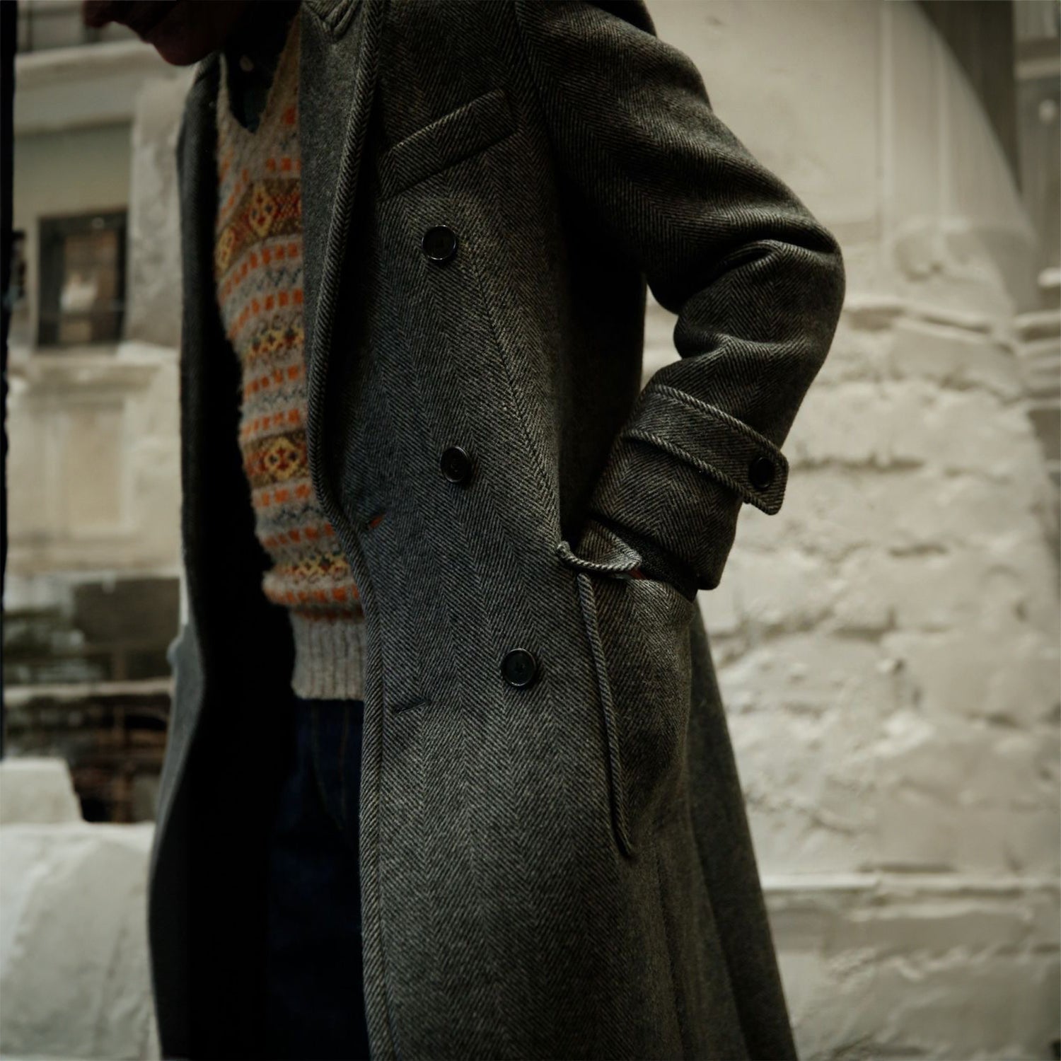 Men's Army Green Tweed Herringbone Overcoat