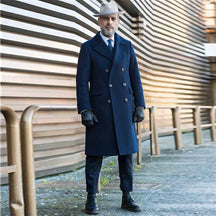 Men's Double-Breasted Long Navy Blue Overcoat
