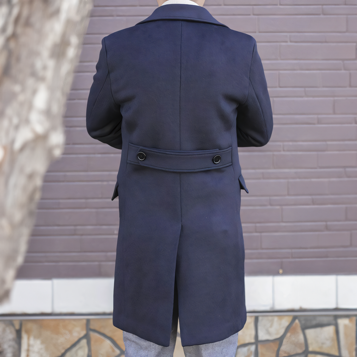 Men's Double-Breasted Long Navy Blue Overcoat