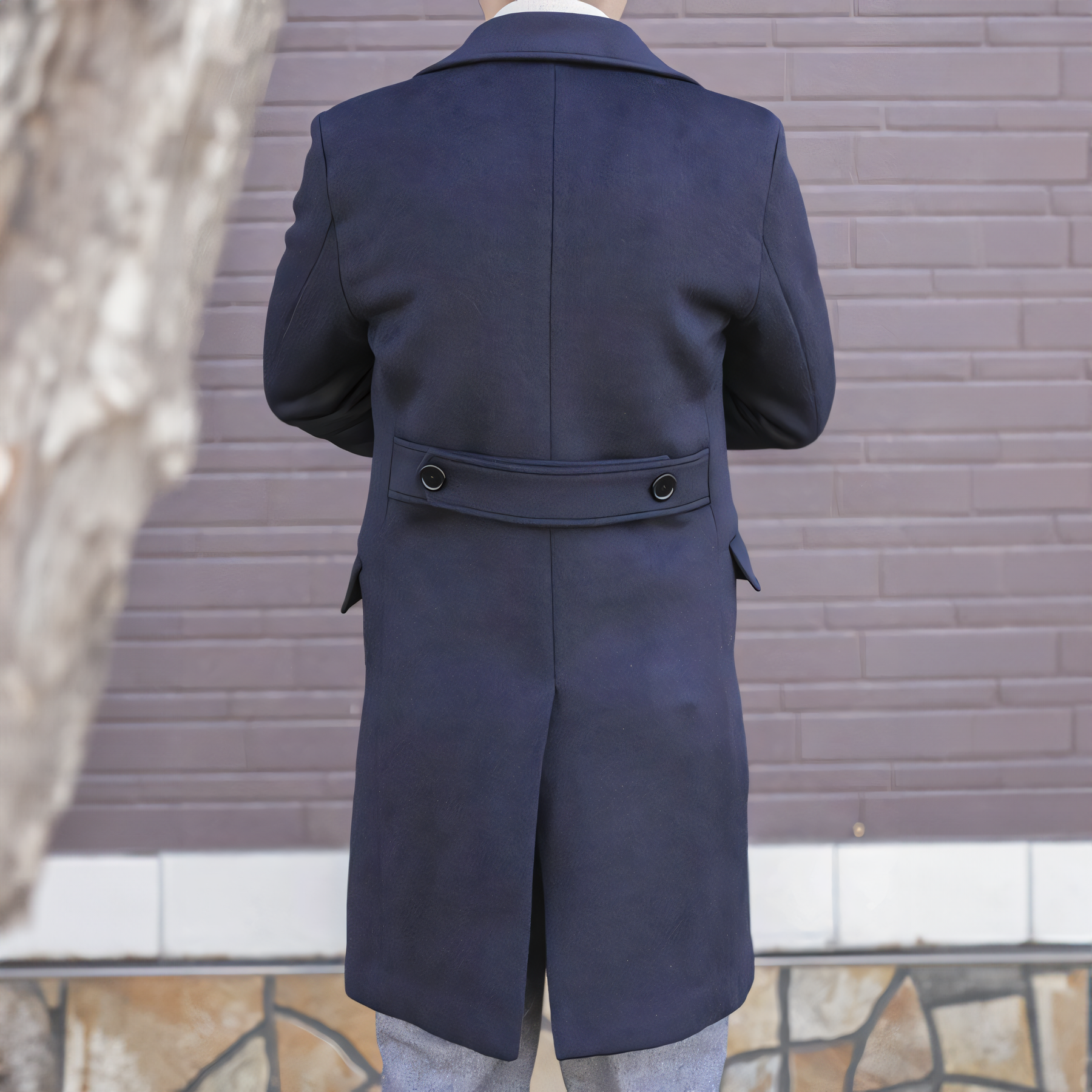 Men's Double-Breasted Long Navy Blue Overcoat