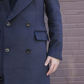 Men's Double-Breasted Long Navy Blue Overcoat