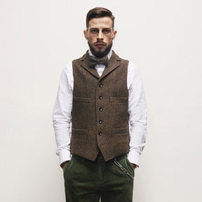 Men's Thickened Wool Tweed Herringbone Retro Notch Lapel Waistcoat