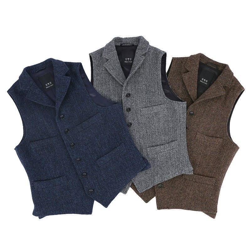 Men's Thickened Wool Tweed Herringbone Retro Notch Lapel Waistcoat