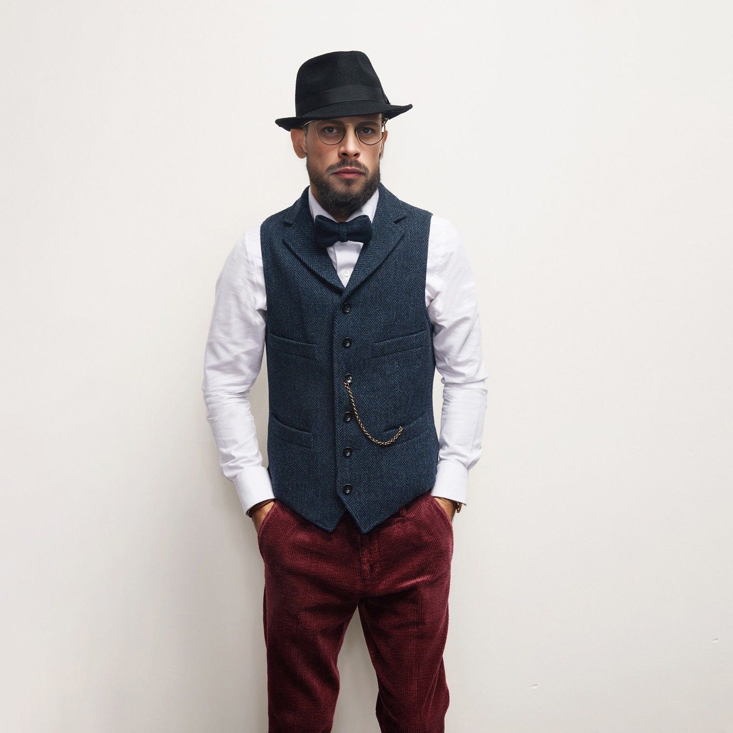 Men's Thickened Wool Tweed Herringbone Retro Notch Lapel Waistcoat