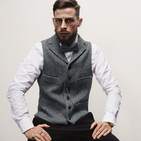 Men's Thickened Wool Tweed Herringbone Retro Notch Lapel Waistcoat