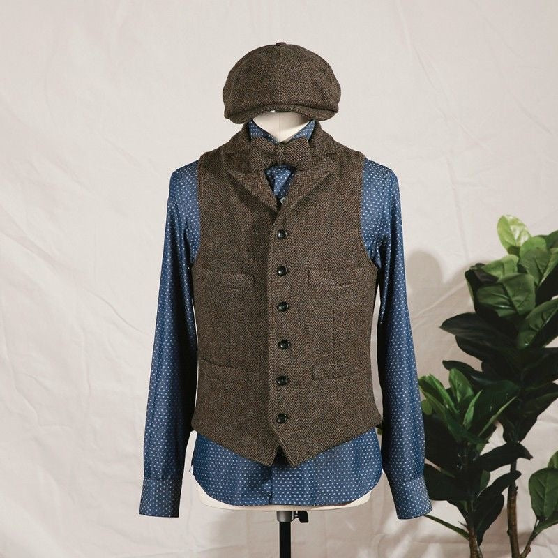Men's Thickened Wool Tweed Herringbone Retro Notch Lapel Waistcoat