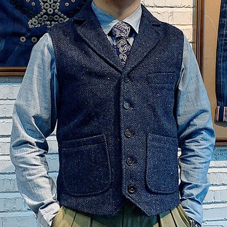 Men's Vintage Rough Tweed Navy Blue Vest Notch Lapel Thickened Waistcoat