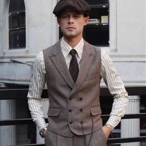 Men's Vintage Tweed Herringbone Double Breasted Peak Lapel Brown Thickened Waistcoat