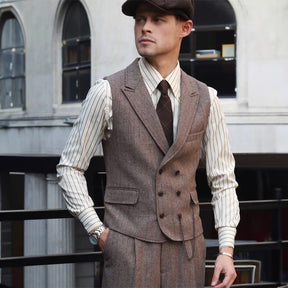 Men's Vintage Tweed Herringbone Double Breasted Peak Lapel Brown Thickened Waistcoat