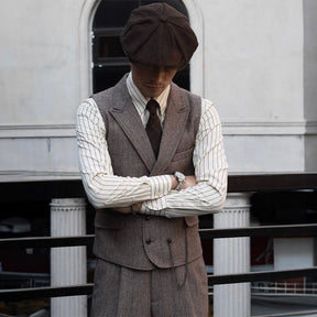 Men's Vintage Tweed Herringbone Double Breasted Peak Lapel Brown Thickened Waistcoat