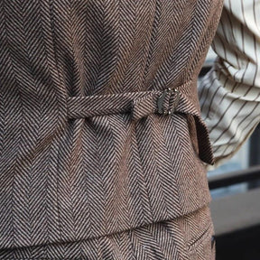 Men's Vintage Tweed Herringbone Double Breasted Peak Lapel Brown Thickened Waistcoat