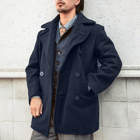 Men's Vintage Navy Blue Double Breasted Slim Fit Pea-Coat