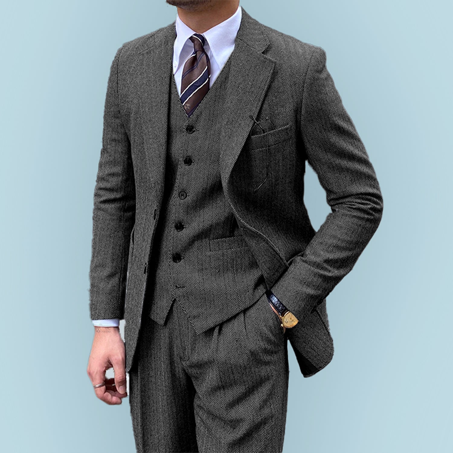 3 Pieces Vintage Herringbone Tweed Suit