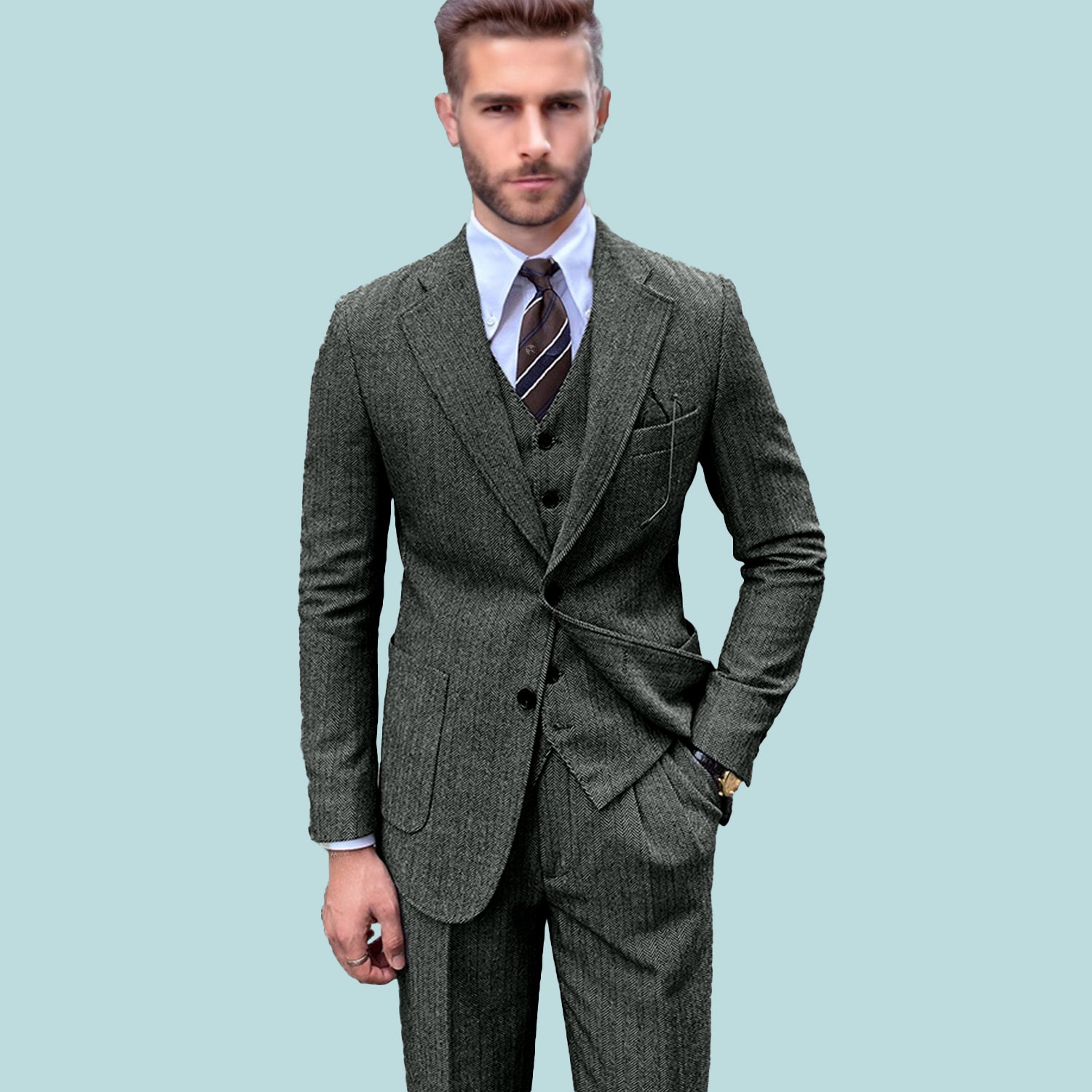 3 Pieces Vintage Herringbone Tweed Suit