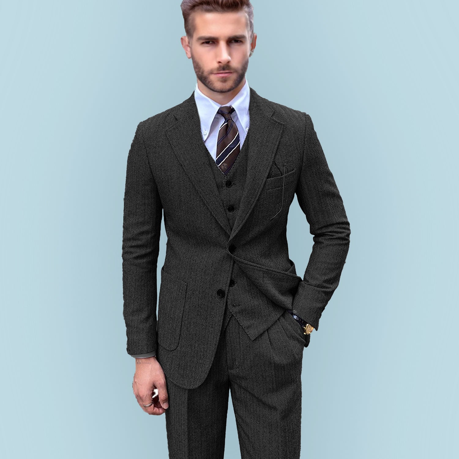 3 Pieces Vintage Herringbone Tweed Suit