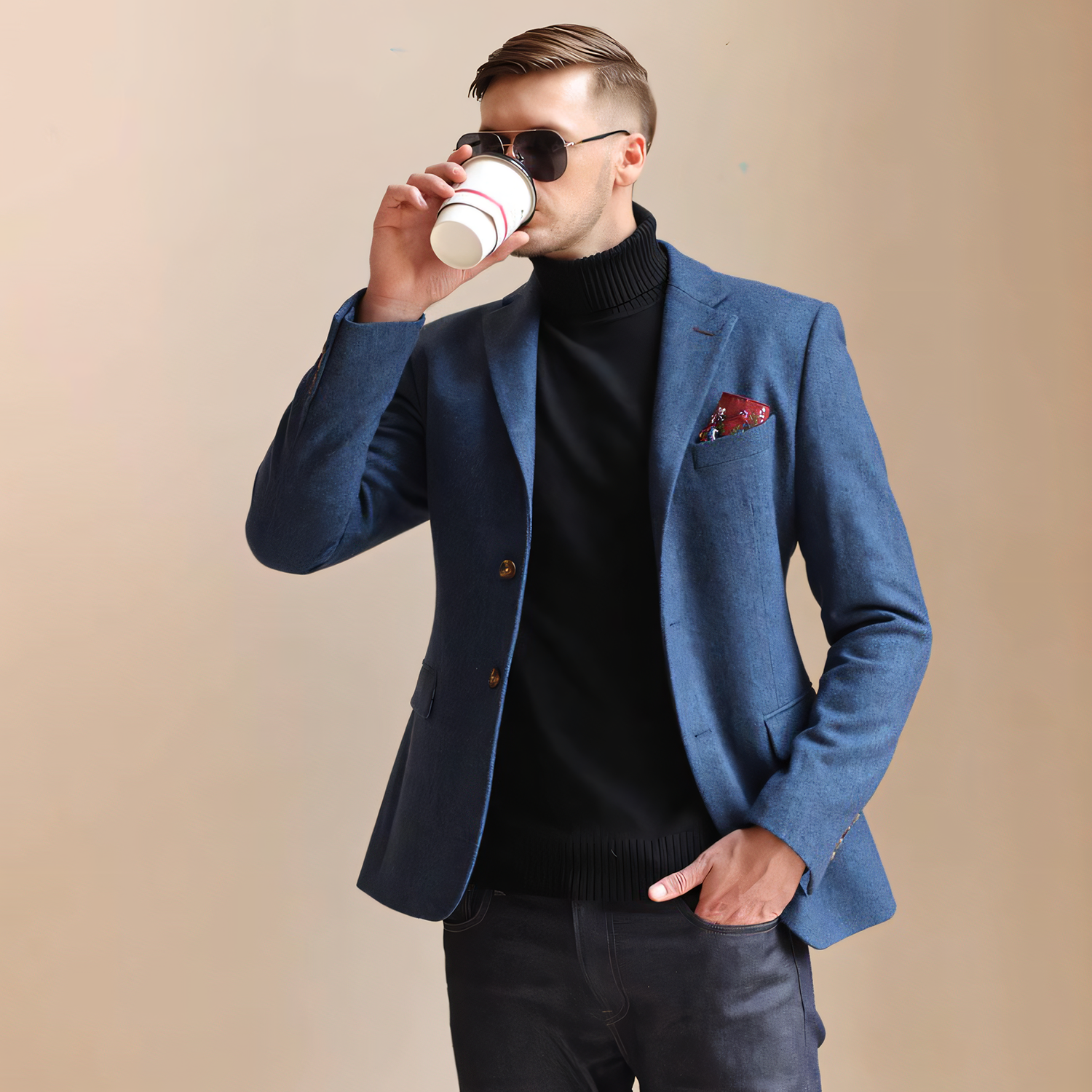 Men's Vintage Herringbone Navy Blue Tweed Notch Lapel Blazer Jacket