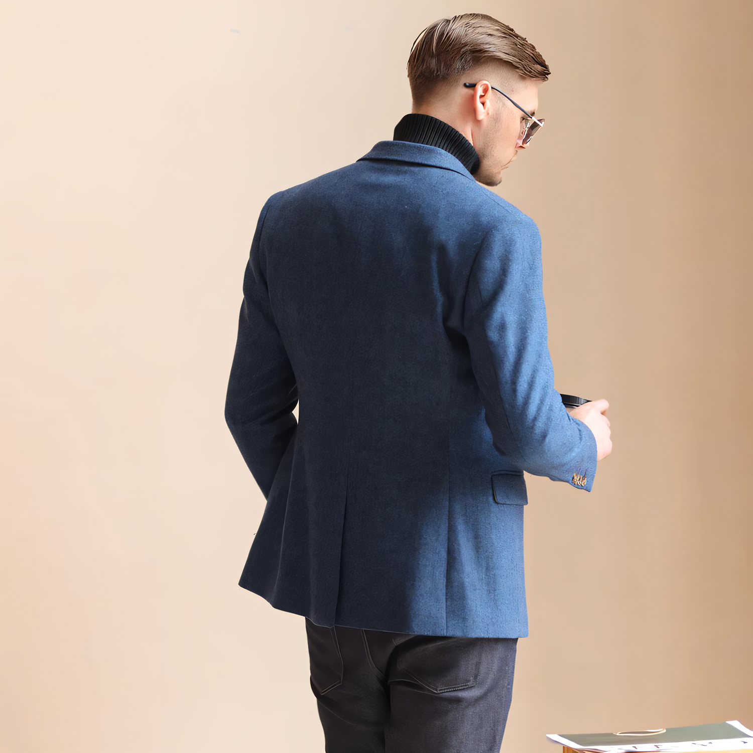 Men's Vintage Herringbone Navy Blue Tweed Notch Lapel Blazer Jacket