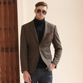 Men's Vintage Herringbone Brown Tweed Notch Lapel Blazer Jacket