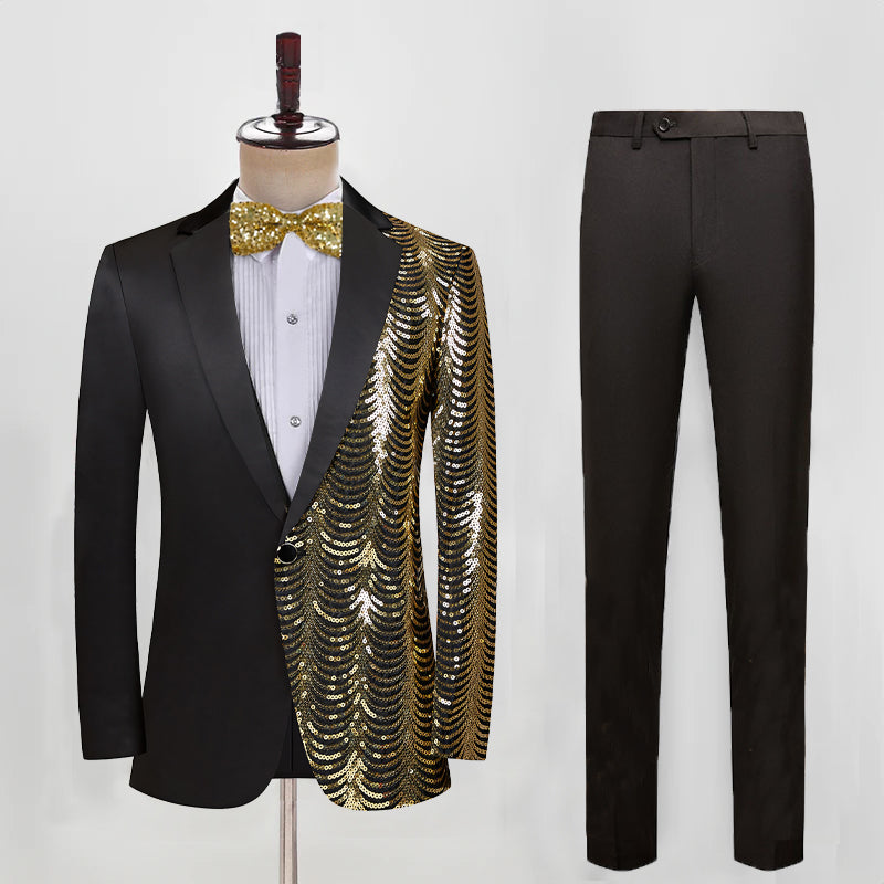 Men's 2 Pieces Stylish Slim Fit Blazer Gold Sequin Tuxedo