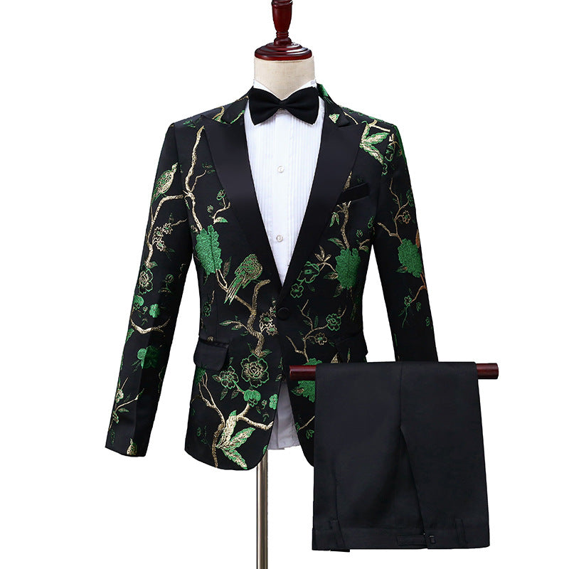 Men's 2  Pieces Golden Shining Bird Song Forest Embroidery Suit