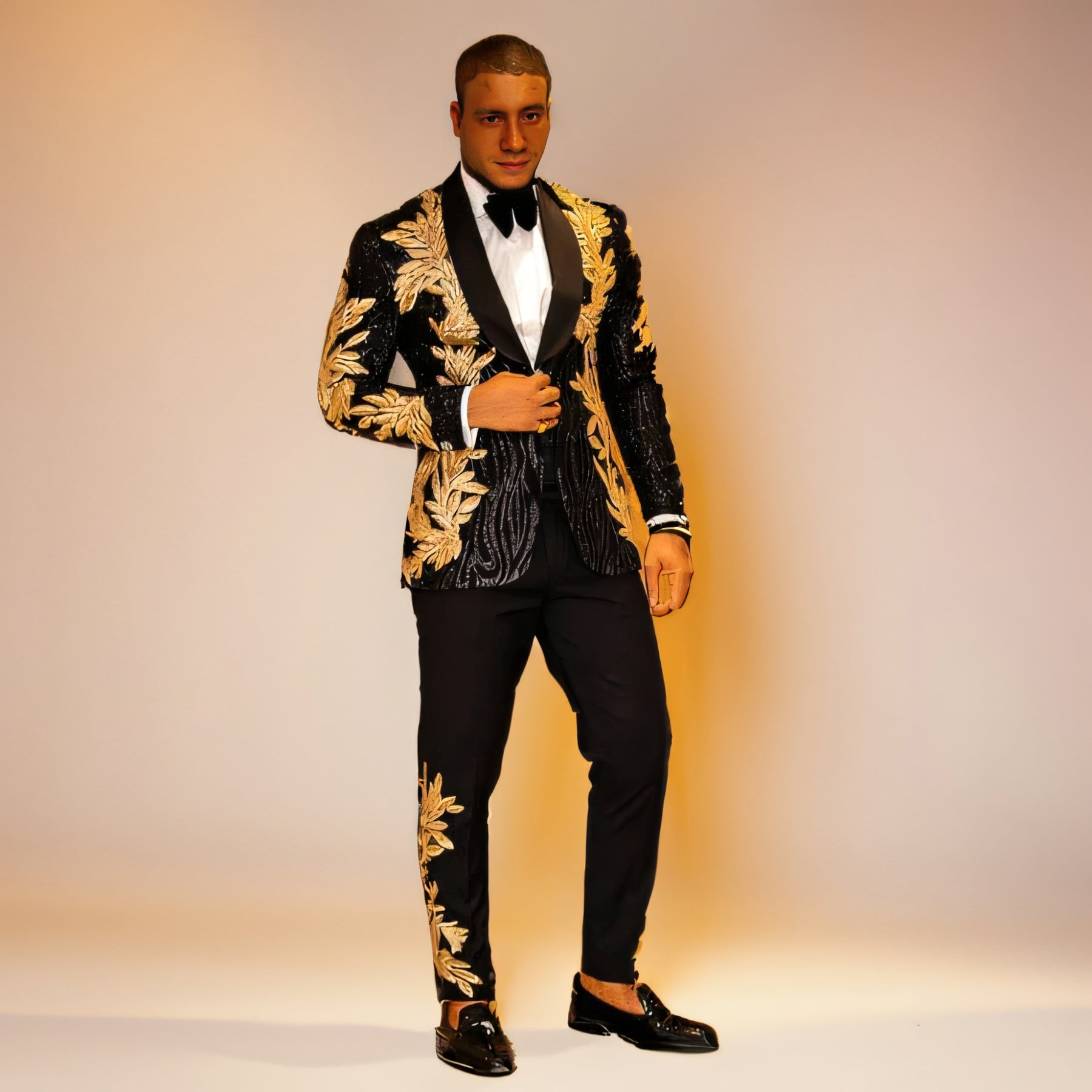 Men's 2 Pieces Sequin Golden Leaves Embroidery Slim Fit Tuxedo